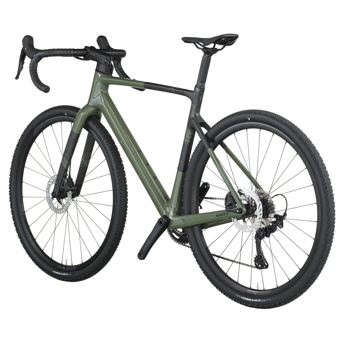 Scott Addict Gravel 40 Bike in Wenge Green, rear three quarter view