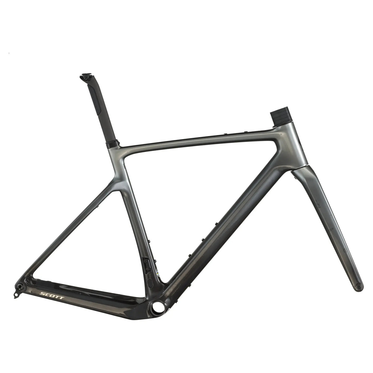 Scott Addict Gravel Team HMF Frameset in Chrome Silver, front three quarter view