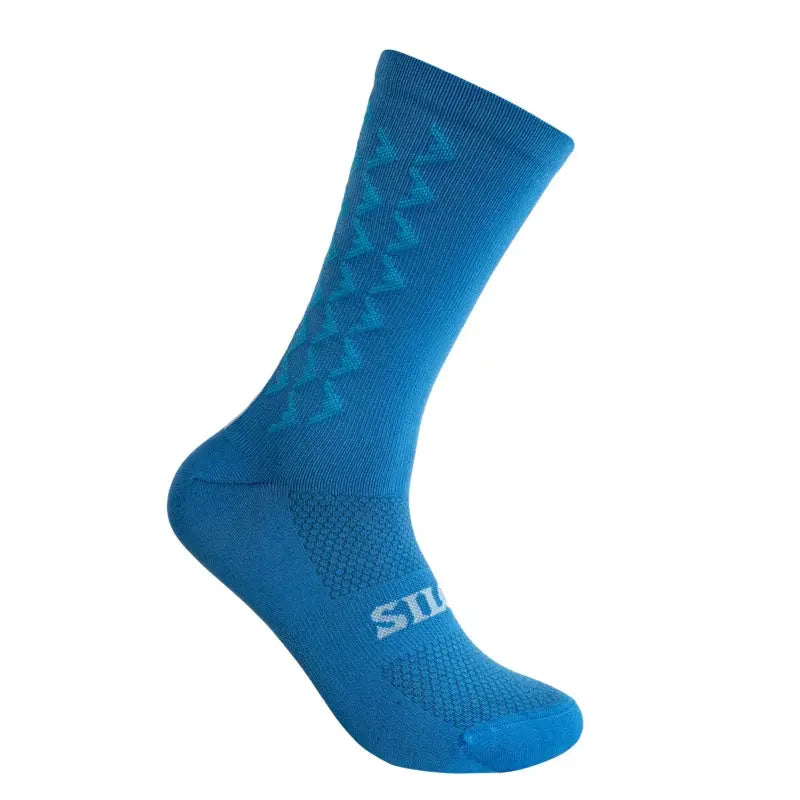 Silca Aero Socks Tall in Cyan Blue, wind tunnel tested cycling sock with knit texture for drag reduction