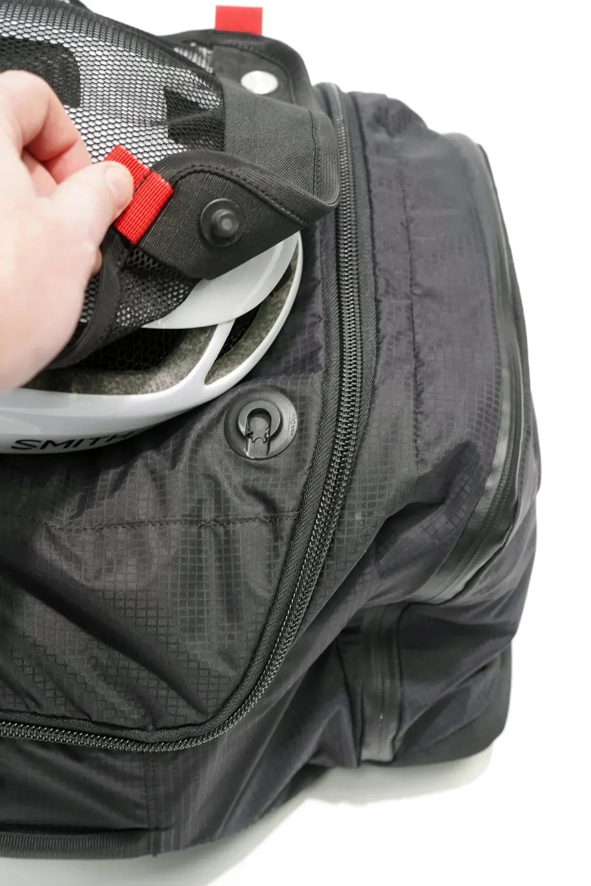Silca Maratona WEB Gear Bag, Fidlock SNAP helmet carry detail, on white