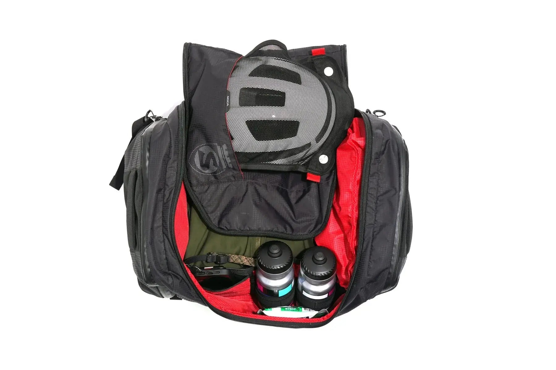 Silca Maratona WEB Gear Bag, top down open with helmet, on white
