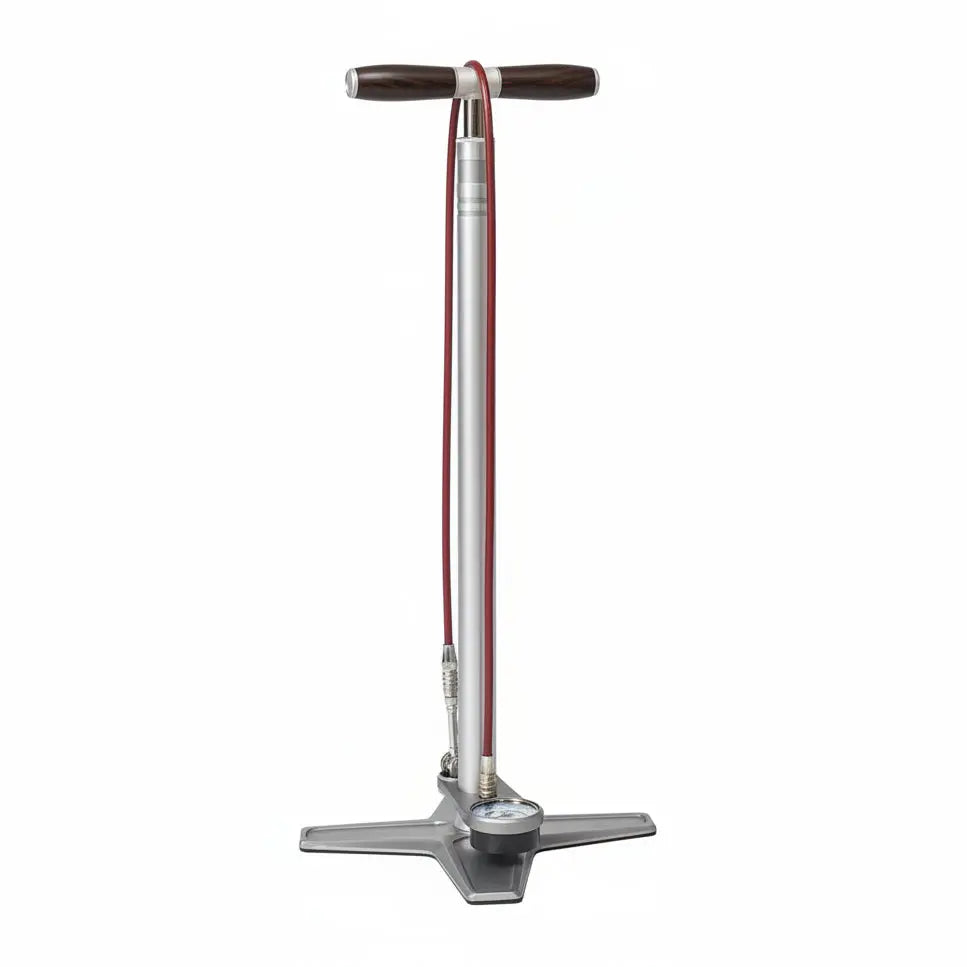 Silca SuperPista Ultimate Hiro Edition floor pump with wood handle and red hose