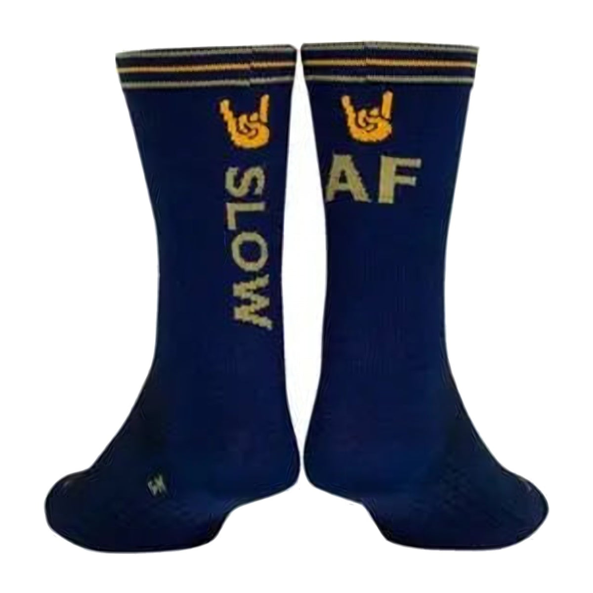 Sock Guy Slow AF sock, navy with SLOW AF in light olive down the back and a hand throwing the horns