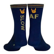 Sock Guy Slow AF Crew socks in navy with light olive rock-on graphic