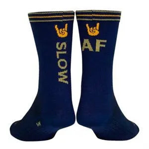 Sock Guy Slow AF Crew socks in navy with light olive rock-on graphic