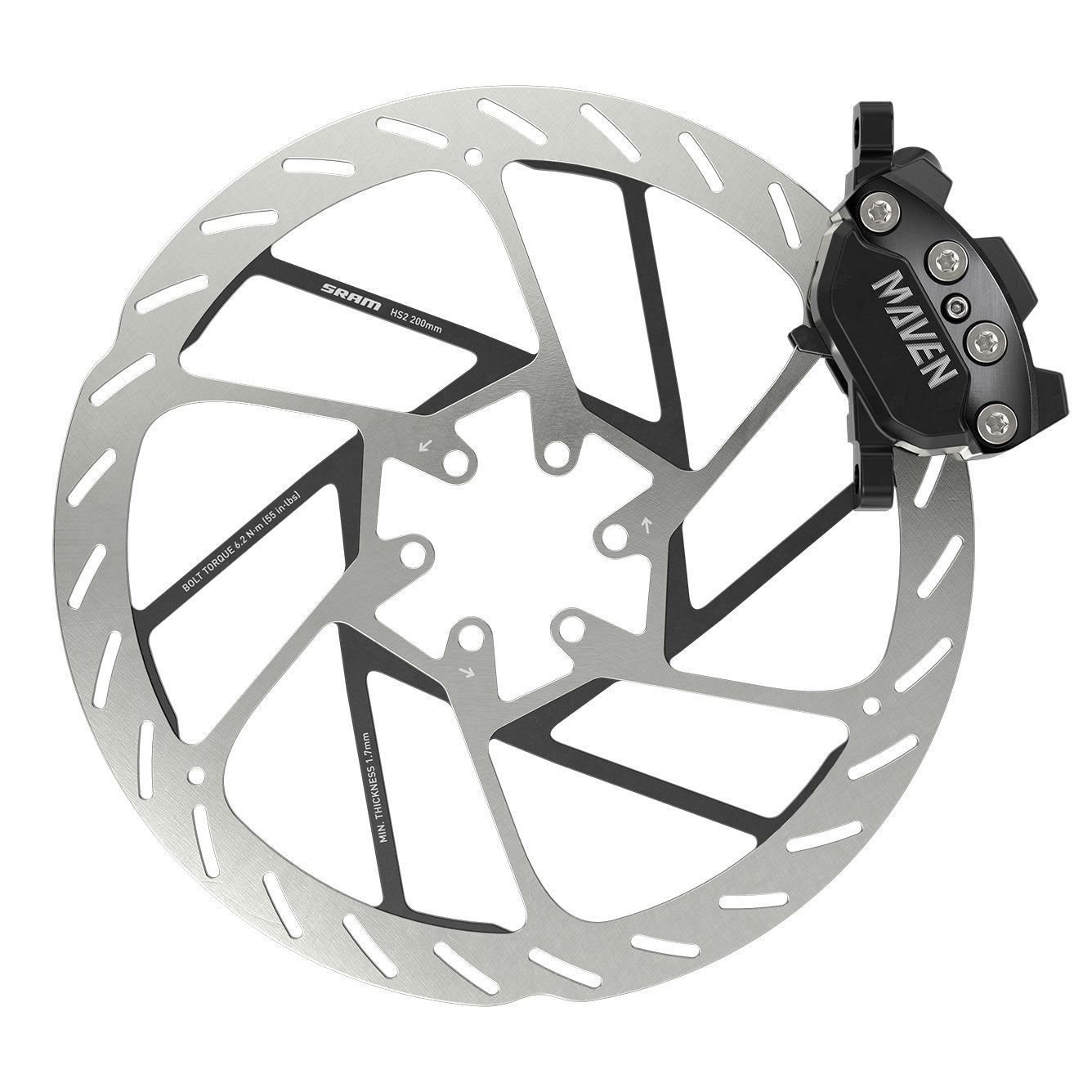 SRAM Maven Silver disc brake caliper with rotor, side profile