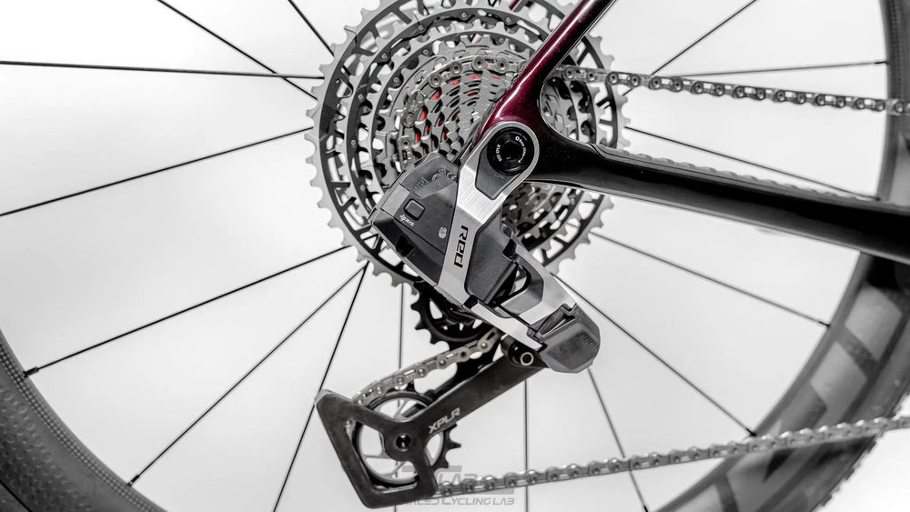 SRAM RED XPLR AXS rear derailleur and cassette on a gravel build