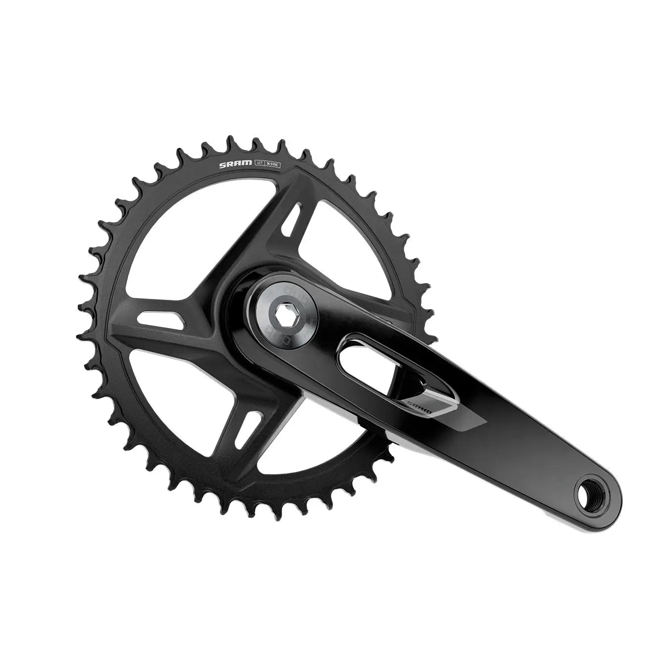 SRAM Rival XPLR Crankset 3-quarter view, 42T direct mount chainring and DUB spindle