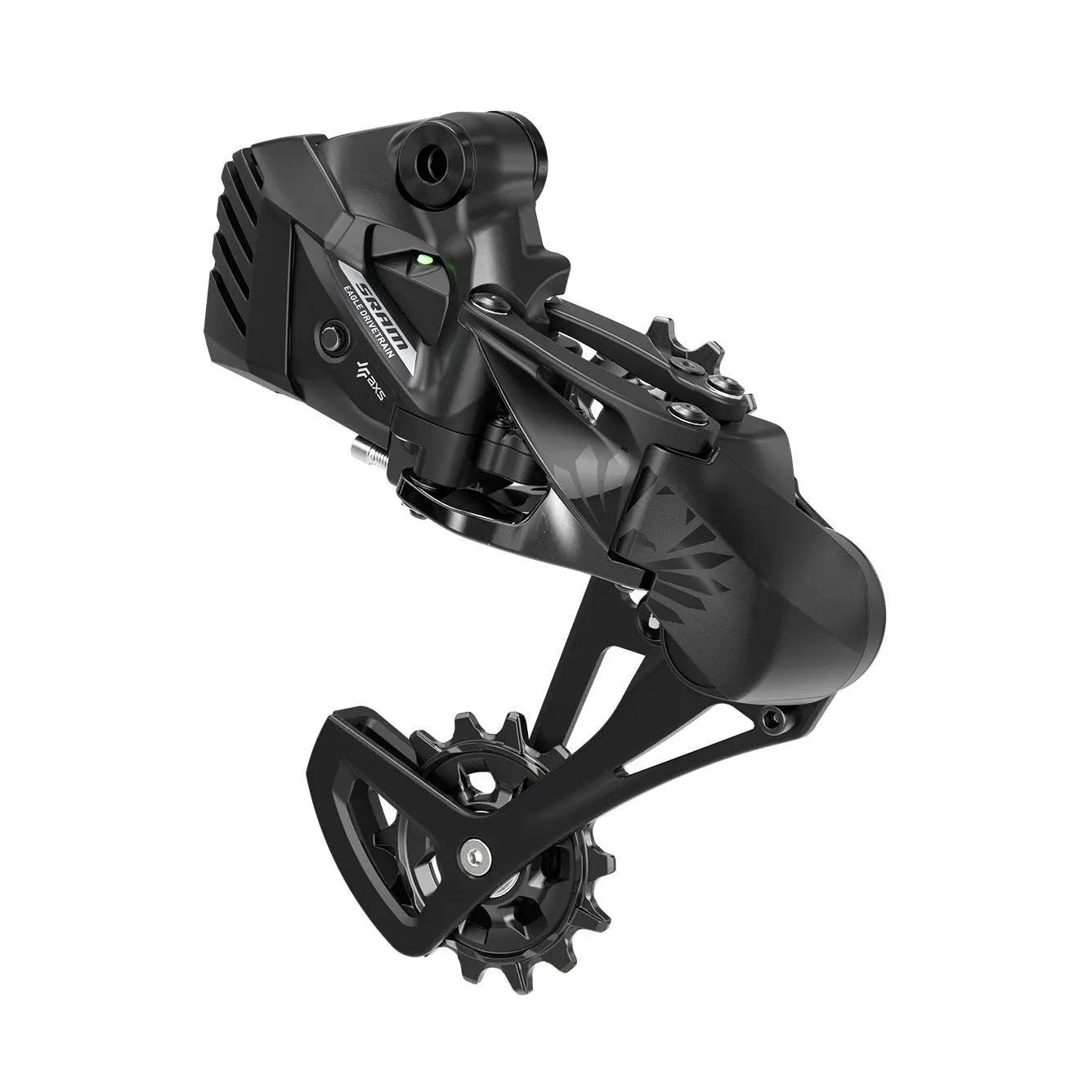 SRAM S500 Eagle AXS derailleur three-quarter view with battery cover
