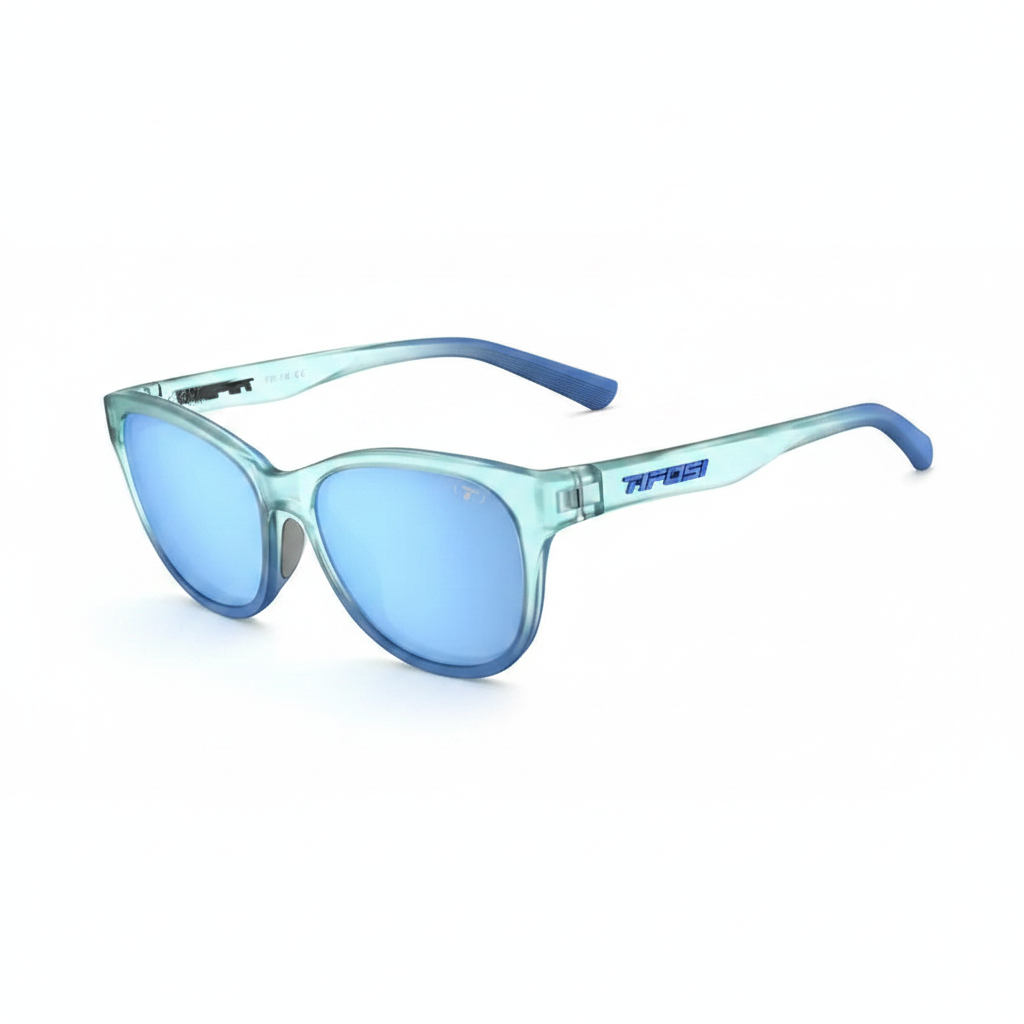Tifosi Stella cat-eye sunglasses in Blue Haze with sky blue mirror lens, three quarter view