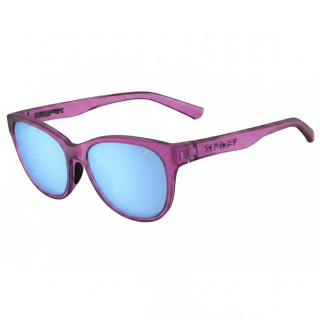 Tifosi Stella cat-eye sunglasses in Plum Crazy with sky blue mirror lens, three quarter view