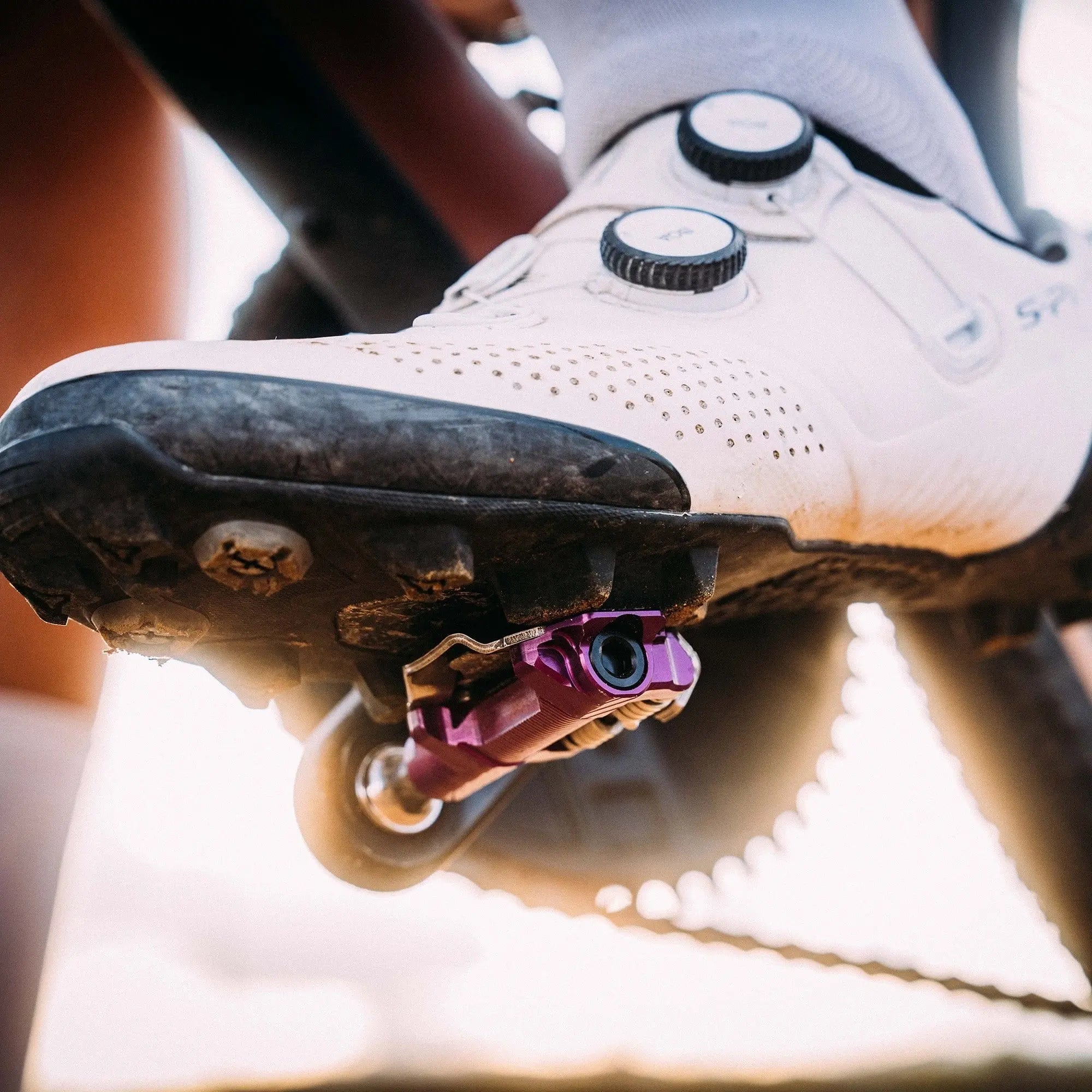 Wolf Tooth DEL Gravel Race pedals clipped in on a ride