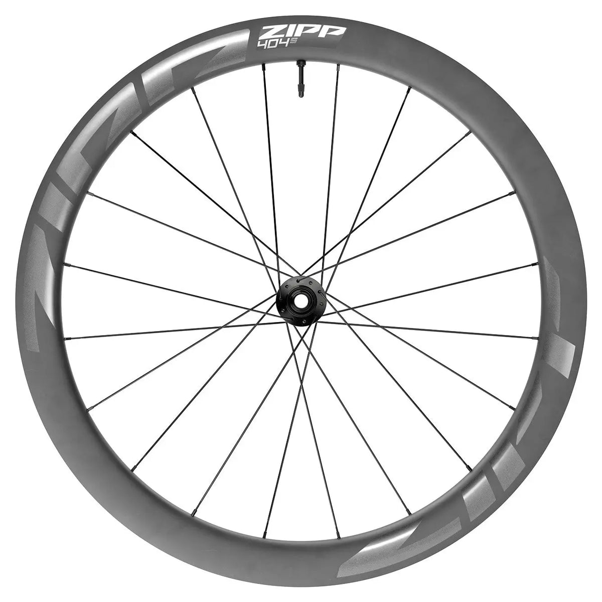Zipp 404 S tubeless carbon disc-brake front wheel, side view